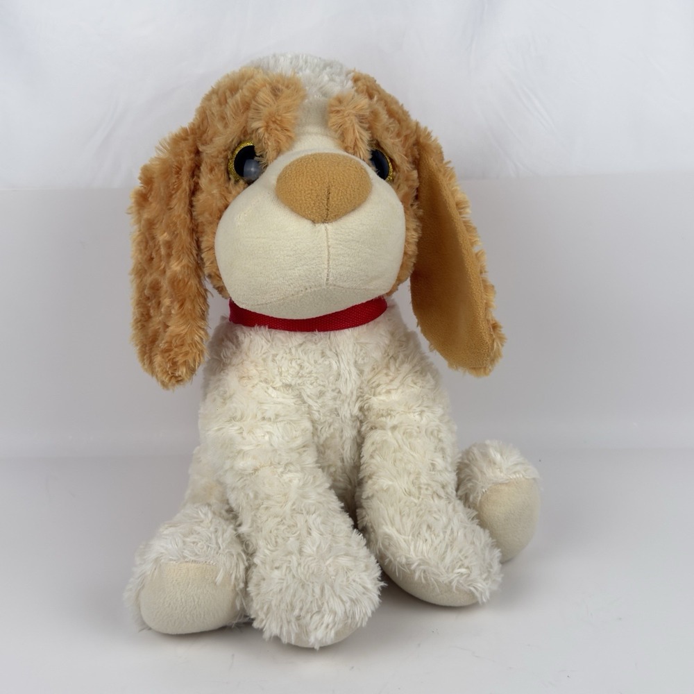 Toy Factory Cocker Spaniel Dog Plush 14in Brown Cream Glitter Eyes Red Collar